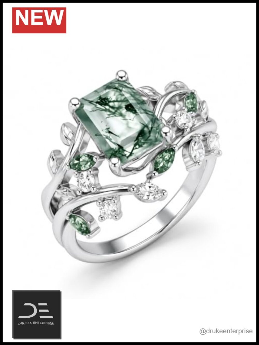Moss Agate Ring 18K White Gold Plated Leaf Engagement Anniversary Gift